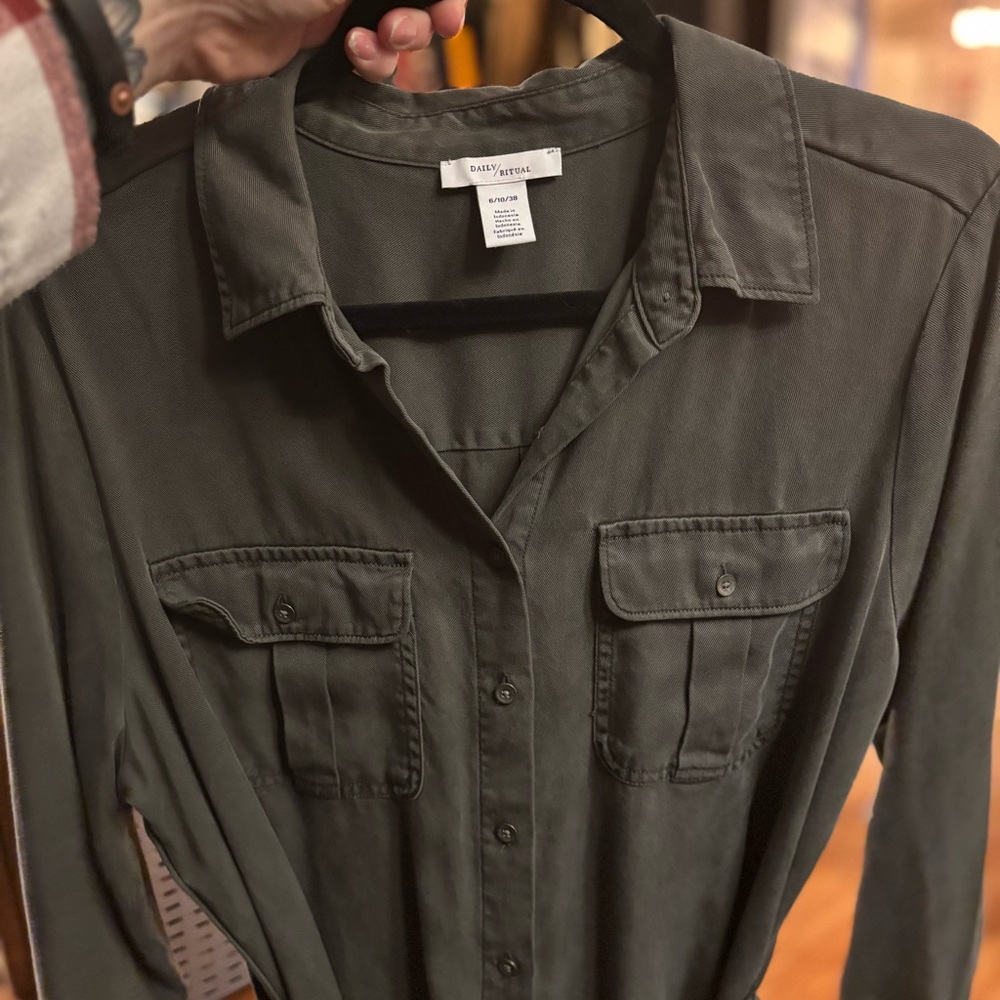 Daily Ritual Olive Button-Front Utility Shirtdress - Picture 10 of 12